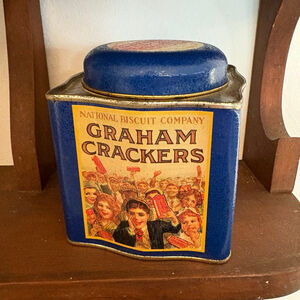 Vintage Nabisco Graham Crackers Tin Blue Metal Canister Retro Kitchen Decor